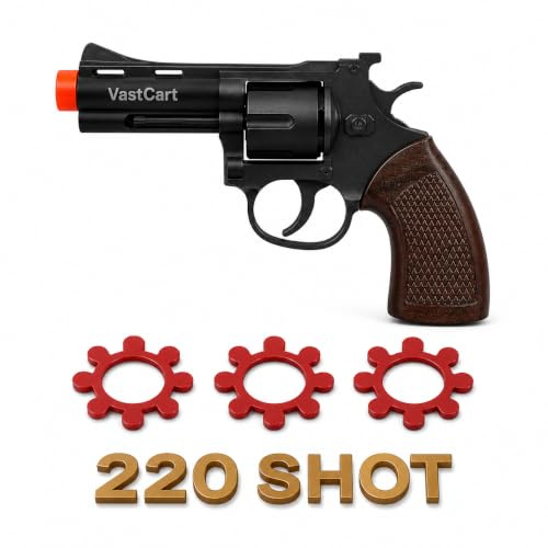 VastCart Compact Die-Cast Metal 8-Shot Ring Cap Toy Gun, Black Finish, Includes 220 Shot Ring Caps, Pretend Play Dress-Up Accessory, Age 14+