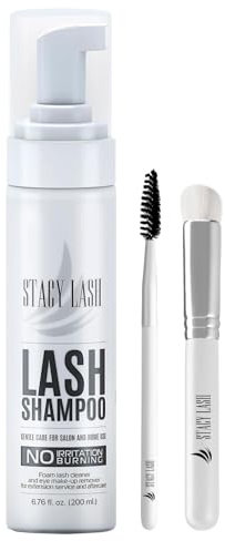 STACY LASH 6.76 fl.oz / 200ml Eyelash Extension Shampoo + Brush/Eyelid Foaming Cleanser/Wash for Extensions & Natural Lashes/Safe Makeup Remover/Supplies for Professional & Home Use