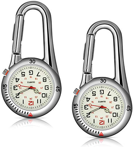 Hicarer 2 Pieces Clip on Quartz Watch Backpack Fob Belt Glow in The Dark Unisex Pocket Watch with White Dial for Doctors Nurses Outdoor Activities(Silver)