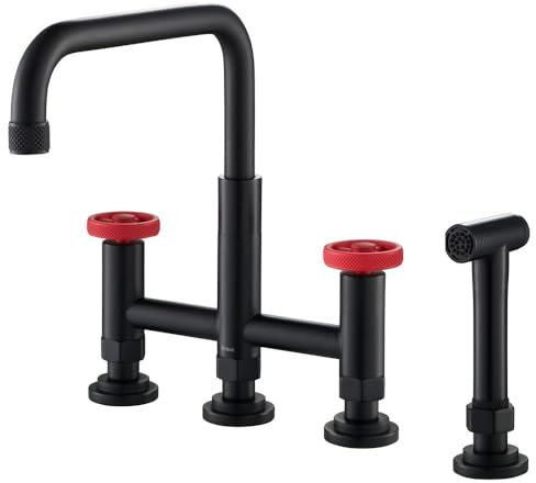 KRAUS Urbix KPF-3125MBRD - Grifo de cocina industrial con pulverizador lateral en negro mate/rojo, KPF-3125MBRD