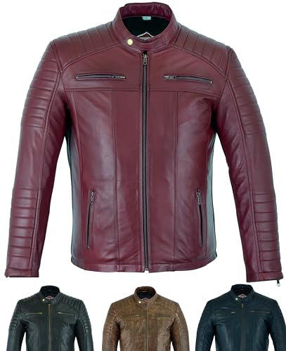 Texpeed Giacca di pelle casual da uomo - Estate/invernale Soft Touch autentica vintage pelle di montone Biker in vera pelle stile motociclista - Rosso - S