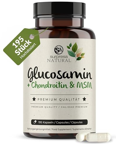 Surpresa Natural Glucosamin Chondroitin & MSM Kapseln hochdosiert I 1x 195 Kapseln I 4500 mg pro Tagesdosis I Nahrungsergänzungsmittel ohne Zusatzstoffe & laborgeprüft I 1 Monatsvorrat