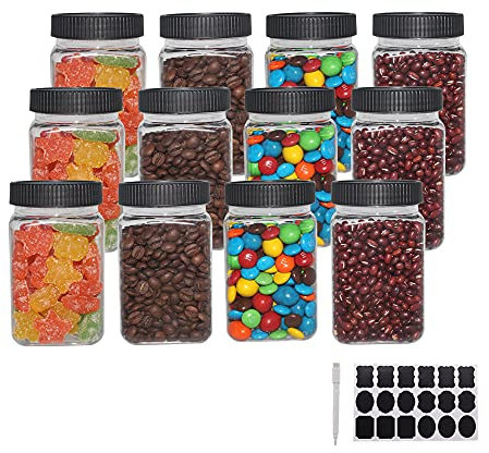 YBCPACK 12 Pack 12 oz Plastic Sweet Jars With Lids, Extra Labels, 1 Pen, Clear PET Seal Jar for Food Storage,Wide Opening Storage jar For Dry Food, Peanut, Powder, Kitchen & Craft Storage