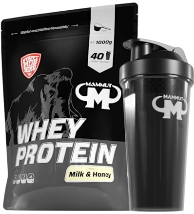 1kg Mammut Whey Protein Eiweißshake - Set (Milk & Honey + Protein Shaker)