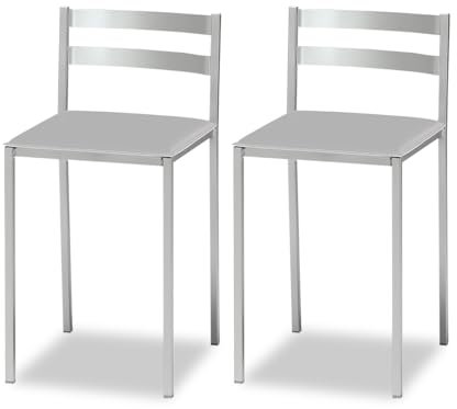 ASTIMESA 2 Taburetes de Cocina con Respaldo bajo, Franjas horizontales y Asiento tapizado - Estructura Color Aluminio - Asiento en Polipiel Gris