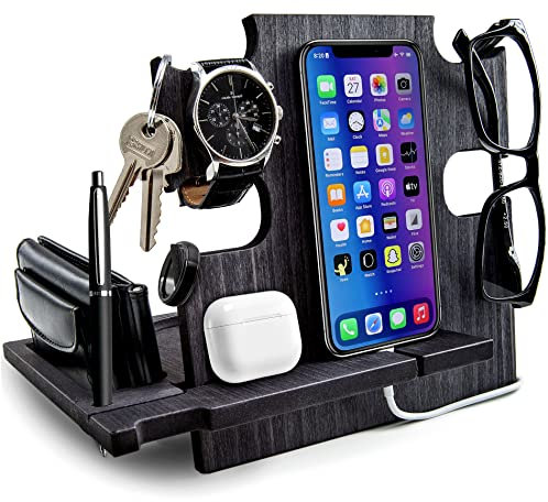 Station d'Accueil en Bois, Support pour Smartphone - Organisateur de Bureau, Support de Table de Chevet, Couleur ébène (Noir (ebony))