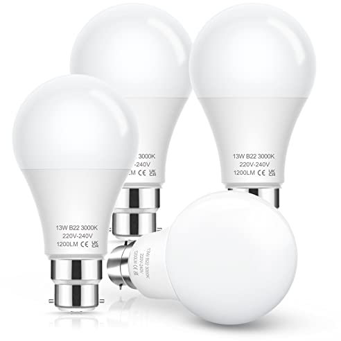 EvaStary Bayonet Light Bulb 100 Watt Equivalent, B22 13W LED 3000K Soft Warm White, 1200LM Cap Type, BC GLS Energy Saving Bulbs for Home Lighting Incandescent Bulb, Non-dimmable, 4 Pack