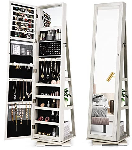 RELAX4LIFE Armadietto Portagioie con Base Girevole a 360°, Specchio da Terra con Luci LED a 3 Colori, Specchio a Figura Intera, Organizzatore per Gioielli e Accessori (Bianco, 161x39x39cm)