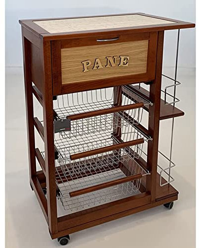 Marvin Carrello Cucina Salvaspazio in Legno di Faggio con Cassetto E Cesti Contenitori Portabottiglie Vino 4 Ruote Girevoli Portapane Portafrutta Portavivande Ripiano Lavoro con Piastrelle (Noce)