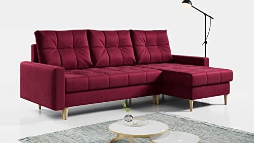 MKS MEBLE Ecksofa - L-Form Sofa mit Schlaffunktion - Wohnlandschaft L Form, Ecksofa mit Schlaffunktion und Bettkasten, Schlafsofa mit Bettkasten, Couch mit Schlaffunktion - Rotwein Astra