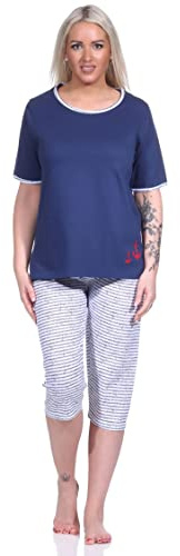 NORMANN-Wäschefabrik Capri Pyjama Kurzarm, Damen Schlafanzug mit 3/4-Hose in maritimer Optik - 151, Farbe:Navy, Größe:40-42