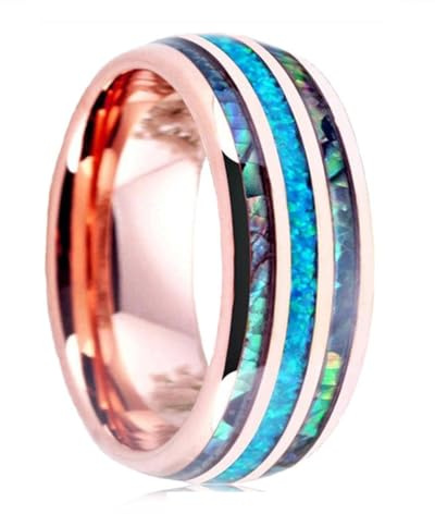 MAYIYAHO 8mm Mode Rose Gold Bague Incrustée de Bois Grain Hommes Bagues de Fiançailles Unisexe Bijoux Abalone Bijoux décoratifs