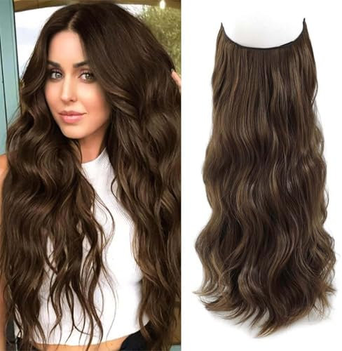 Ms Taj Invisible Secret Wire Extensions 50cm,Braune Lange Haarverlängerungen mit Einstellbarer Größe Clips Synthetische lockige Haarteile für Frauen