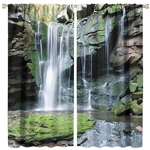 GoDazzling Verdunkelungsvorhänge mit Wald-Wasserfall-Motiv, felsiger Wasserfall zum Teich, malerischer Natur-Thema, für Wohnzimmer, Schlafzimmer, 106,7 x 114,3 cm, 2 Vorhänge