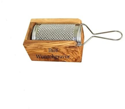 Personalisierbare Parmesanreibe, Käsereibe, Muskatreibe aus Olivenholz und Edelstahl als Geschenk für die Küchenfee, den Hobbykoch, Küchenchef, inkl. Wunschgravur (L 11 cm x B 7 cm x T 6 cm)