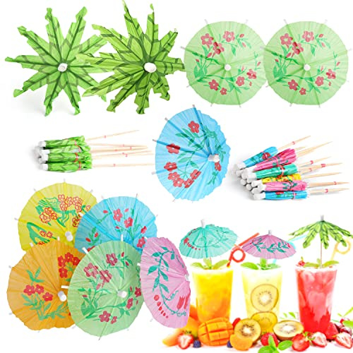 KIMOBER 100PCS Cocktail Drink Umbrella Picks,Green Tropical Coconut Palm Tree Paper Umbrellas and Colorful Drink Umbrellas Cocktail Toothpicks for Tropical Luau Hawaii Party