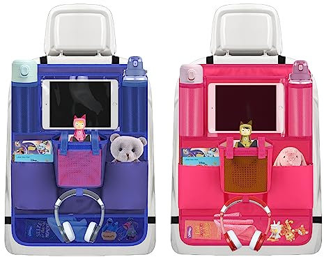 Organizador Asiento Coche Niños para Toniebox Kit, Múltiples Bolsillos para Botella Agua, Tentempiés y Accesorios de Viaje, Gancho para Auriculares y Soporte para Tableta de 10, Pack de Azul y Rosa
