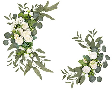 MISNODE Confezione da 2 Fiori Artificiali Ad Arco per Matrimoni, Fiore Bianco Artificiale Swag Festoni Floreali con Foglie Verdi, Composizioni Floreali per Ricevimento di Nozze Sedia Arbor(#1)
