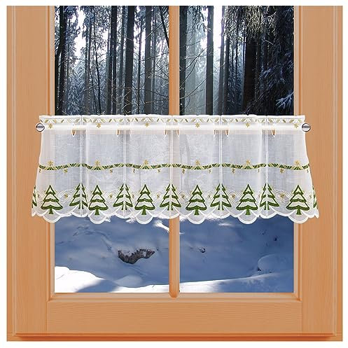 kollektion MT Winterliche Scheibengardine Tannenbaum mit Sternen Vogtländischer Spitze Scheibenhänger Advent grün-Gold 25 x 80 cm