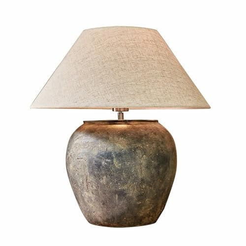 LOBERON Tischlampe Shiva, Keramik, Eisen, Leinen, H/Ø ca. 36/30 cm, antikbraun/creme