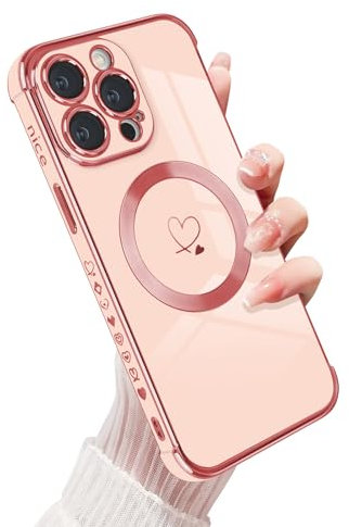 Magnetic Case for iPhone 15 Pro Max [Compatible for MagSafe], Soft Silicone Protective Phone Case Cute Gold Love Heart Pattern Shockproof Bumper Cover for iPhone 15 Pro Max -Pink