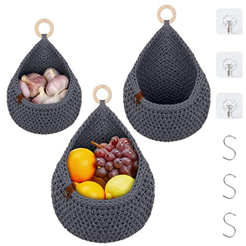 Fruit Basket Hanging Wall Basket Teardrop Hanging Storage Baskets Hand Woven Cotton Wall Hanging Basket Vegetable Basket Hanging Fruit Basket for kitchen Storage Vegetable Storage (grey)