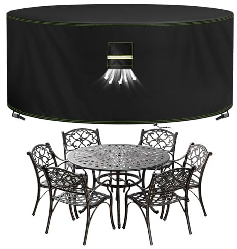 VDISRR Funda Mesa Exterior Impermeable Ø130 x 71 cm, Tela Oxford 420D Funda Protectora Muebles de Jardin Cubre Mesa y Sillas Exterior con Salida de Aire Anti-UV, Antivento, Antipolvo