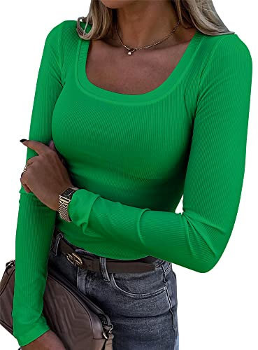 Smile Fish Womens Long Sleeve Scoop Neck Ribbed Knit Fitted Casual Tops Tee Slim Basic Shirts, Green S