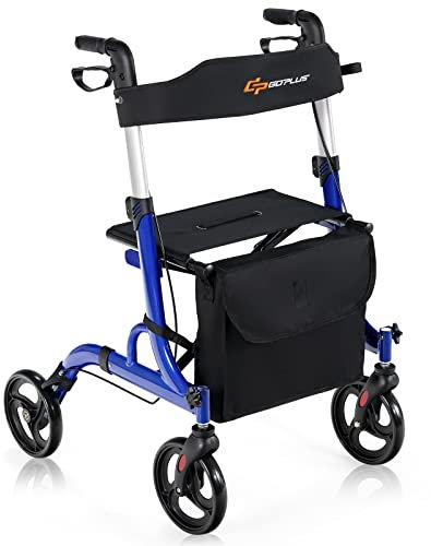 GOPLUS Rollator faltbar, höhenverstellbare Gehhilfe inkl. Griffe & Sitz mit Rückengurt, Laufhilfe mit Rädern, Tasche & Stockhalter, Gehwagen aus Alu bis 150kg belastbar für Senioren (Blau)