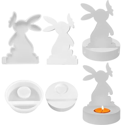 Silikonformen Gießformen Kerzenhalter Silikonform Hase Teelichthalter Silikonform,Silikonformen Gießformen Ostern Frühling Deko, Gießform Beton Kerzenhalter für Stabkerzen und Teelichter (04)