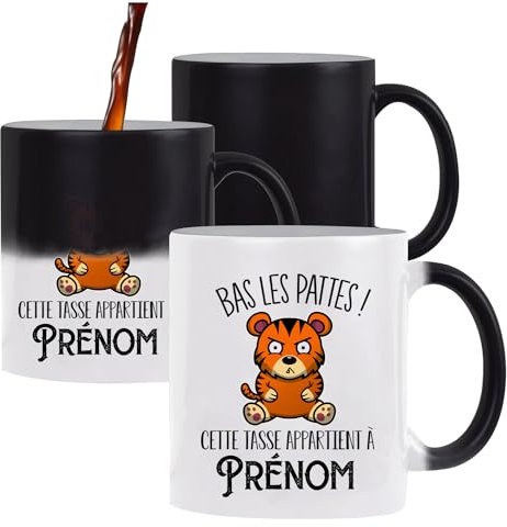 Tasse Prénom personnalisable bas les pattes | Mug idée cadeau personnalisée collègue de travail famille amis (Tasse Magique, Tigre)