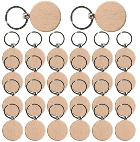 FENGQQKJ Rohling Schlüsselanhänger Holz Blanko DIY Anhänger Runder Holzschlüsselringe Gepäckanhänger Holz de Schlüsselanhänger zum Bemalen Beschriftbar für Schnitzen 25 Stück