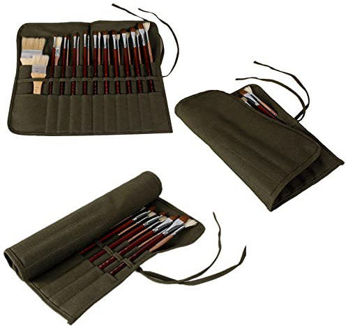 Pinselrolle aus Segeltuch, Pinselhalter, aufrollbare Leinwand-Pinseltasche, Künstler-Acryl-Öl-Aquarell-Pinsel-Etui, Zeichenstift, Gouache-Aquarell-Öl-Pinsel-Aufbewahrung (Armeegrün und 22 Fächer)