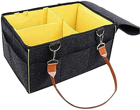 AUVNQDUC Baby Windel Filztasche, Kinderzimmer Aufbewahrungskorb mit ReißVerschluss Deckel und Ledergriff, für Auto und, 38x25x18cm,Schwarz
