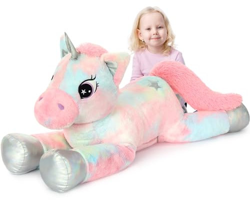 MorisMos XXL Unicorno Peluche Gigante, 110cm Rosa Peluche Unicorno Grande per Bambini, Arcobaleno Animale di Peluche Unicorno Regalo per Ragazze Fidanzata Ragazzi Compleanno Natale Deco