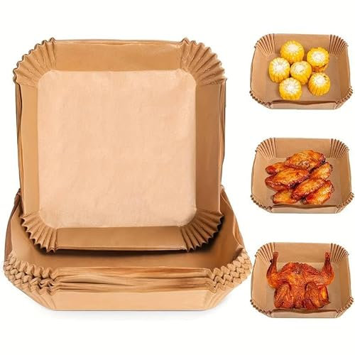 Backpapier für Heißluftfritteuse, 100 Stück Airfryer Backpapier, Antihaft, Wasserdicht, Ölbeständige Einwegschalen, Air Fryer Pergamentpapier, Einlage für Heißluftfritteuse, Bratpfanne für Ofen, 20 cm