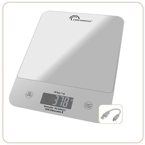 LITTLE BALANCE 8708 Happy Genius 10 Silver, Balance de cuisine sans pile, rechargeable USB-C, Réparable, 10 kg, Silver