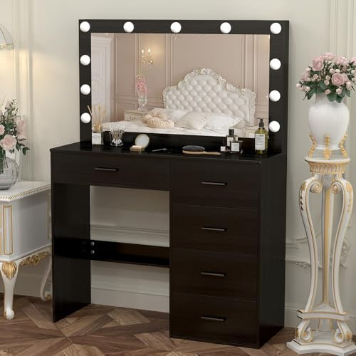 Caulitar Dressing Table with LED Lights, Adjustable Brightness, 3 Color Temperatures, Vanity Table with Big Mirror for Bedroom, Makeup Desk with 5 Drawers, Modern, Black