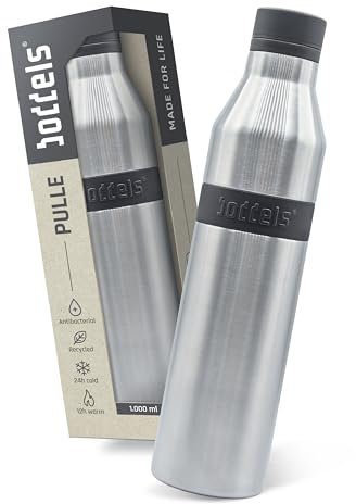 boddels PULLE Trinkflasche 1l - spülmaschinenfest, 100% auslaufsicher, leicht zu reinigen, Kohlensäure geeignet, 24h kalt & 12h warm, recycelter Edelstahl (Edelstahl/Anthrazit, 1000ml)