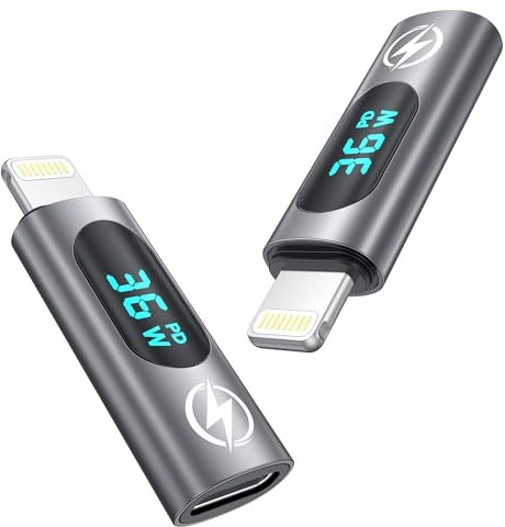 RAVIAD Adaptador USB C a Lightning de 36W (2Pack), Adaptador Lightning a USB C de Carga Rápida con Pantalla LED, Adaptador USB C Hembra a iOS Macho para iPhone 14 13 12 11 Pro Max, Pad Pro/Air