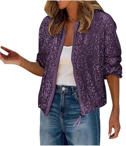 Paillettenjacke für Damen, glitzernde Pailletten, Bomberjacke, Mantel, langärmelig, Reißverschluss vorne, glitzernd, Biker, glänzend, Clubbing, Party, Club, Jacke, Metallic, Festival, Outfit,