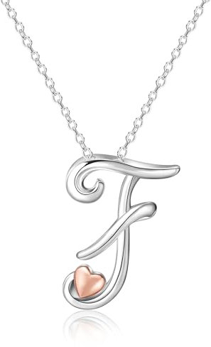 Mesovor Silber Anfänglich Kette für Damen, Halskette mit Buchstaben Namens Anhänger und Herz aus Roségold, Schmuck Geschenke, 50 cm Kette (Buchstabe-F)