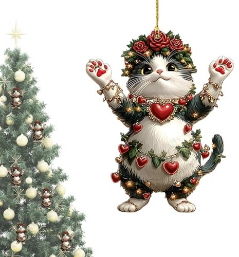 Hängende Katzen Weihnachtsornamente | 2D Acryl Katzen Weihnachtsbaumschmuck | Rosen Schwarzer Katze Weihnachtsbaum Hängeanhänger | Auto Rückspiegel Anhänger Kätzchen Ornamente für Weihnachts Deko