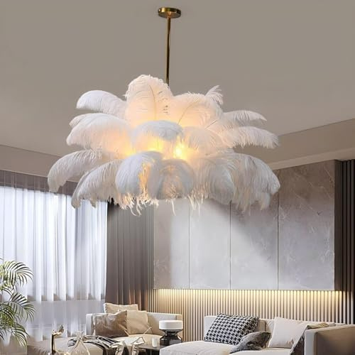 AstrizLamp Feder HäNgelampe Weiß, Feder Lampe Nschirm Kronleuchter Wohnzimmer Kreative Dekorative Nordische Pendelleuchte Mit LED Deckenstrahler 4500K für Schlafzimmer Esszimmer Kinderzimmer 100cm
