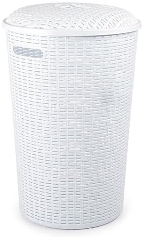 Acan Tradineur - Cesto Rattan Redondo para Ropa Sucia con Tapa y Asas, pongotodo de plástico, Cubo para Colada, imitación de Mimbre, Fabricado en España (Blanco - 51 litros - 61 x 40 cm)