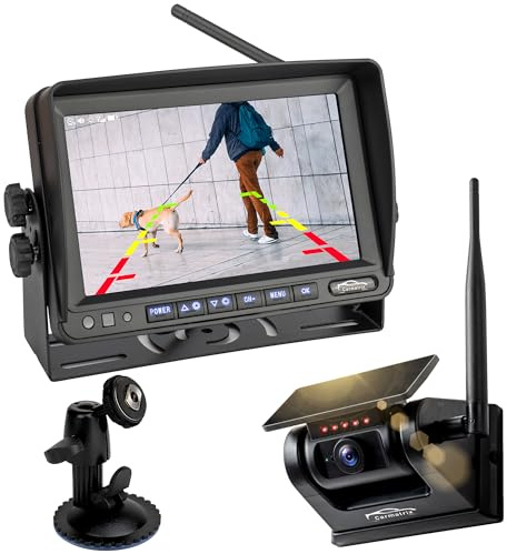 CARMATRIX Solar HD Funk Rückfahrsystem für Wohnmobil, LKW, Auto, magnetische Akku Rückfahrkamera mit Magnet 7 Monitor Digital zum Nachrüsten Anhänger Boot Dashcam 12-24V