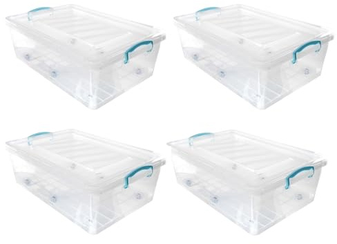 JVL Plastic Clip Lidded Underbed Storage Box with Wheels, Stackable & Nestable, Clear, Set of 4, 30L