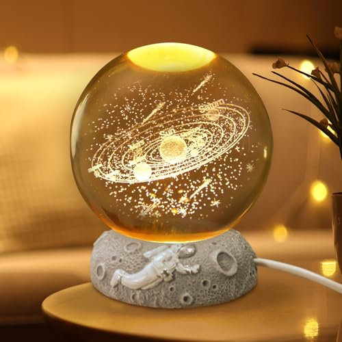 YIFMOO 3D Kristallkugel Nachtlicht, 80MM Sonnensystem Glaskugel Lampe Mit Harzsockel, LED Planeten Lampe mit USB-Kabel, Astronomie Geschenk für Frauen Kinder Freunde Familie (Sonnensystem Lampe)