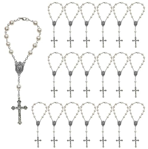 PONEZG 20 Stück Taufrosenkranz Rosenkranz Armband Kreuz Gastgeschenk Taufe Weiß 8mm Kunstperlen Fingertauf Katholisch Christliche Deko Rosary Gebetskette für Auto, Hochzeit, Geburtstage, Taufen, Party