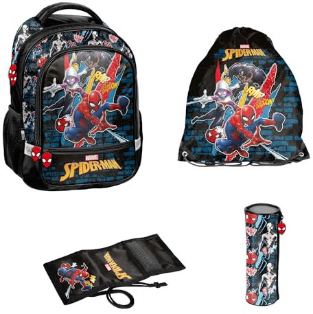 Paso Ensemble d'école 4 pièces : sac à dos d'écolier + sac de gym + trousse à crayons + portefeuille - Spider-Man